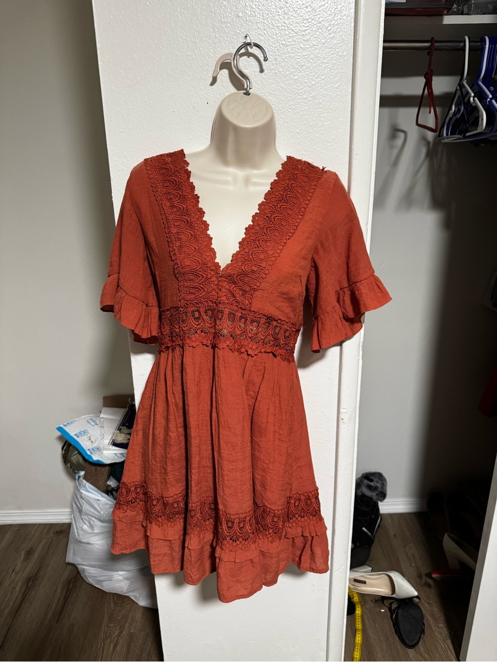 WISHLIST APPAREL Rust Lace-Trim V-Neck Mini Dress - Picture 2 of 4